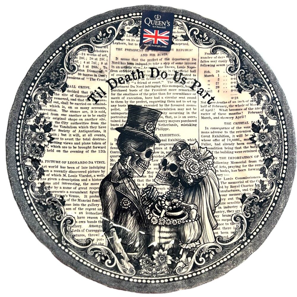 Queen’s “Til Death Do Us Part” Ceramic Skeleton Couple Dinner Plates (4) NEW - Picture 2 of 4